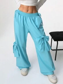 SHEIN EZwear 女士纯色蝴蝶结阔腿工装裤 - 藍色 - 查看 4