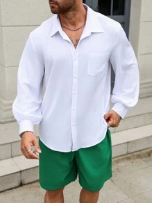 Manfinity Homme Bộ đồ thường ngày áo sơ mi dài tay rộng rãi màu trơn và quần short cỡ lớn cho nam - Nhiều màu - Xem 4