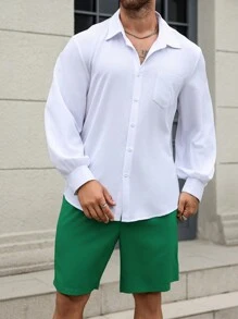 Manfinity Homme Bộ đồ thường ngày áo sơ mi dài tay rộng rãi màu trơn và quần short cỡ lớn cho nam - Nhiều màu - Xem 5