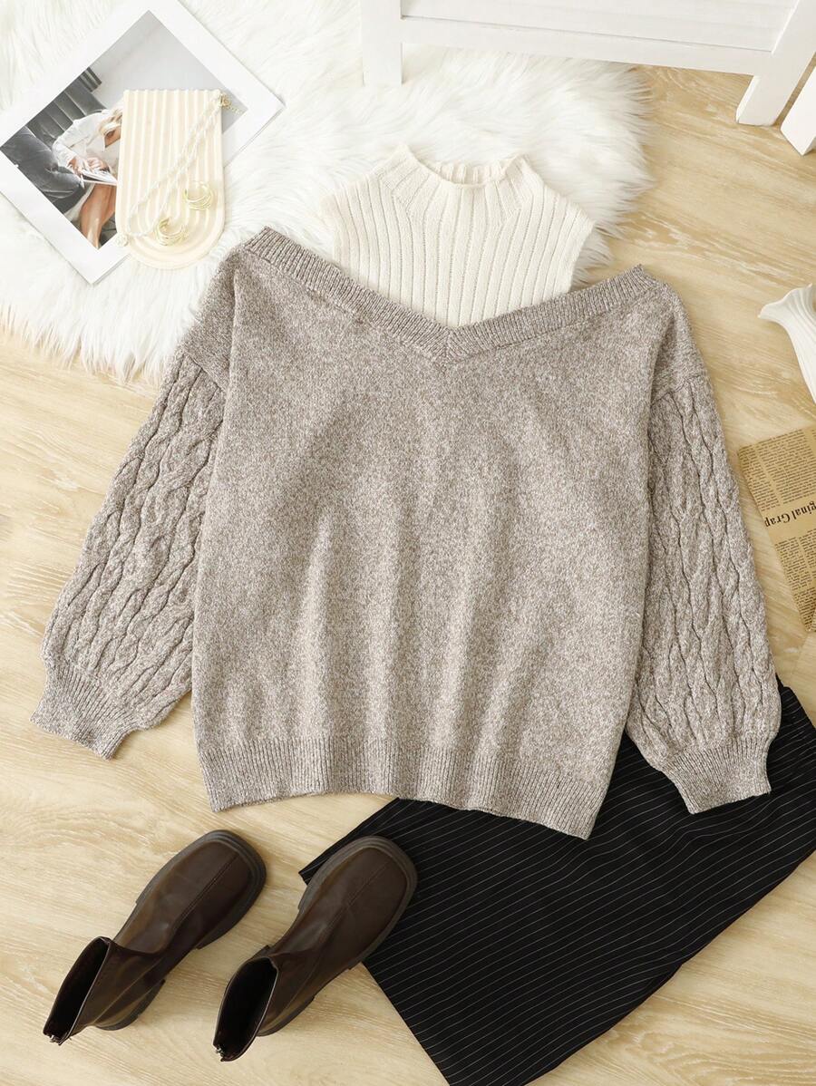 SHEIN Privé Plus Size Women Contrast Color Knitted French Style Apricot Pullover Sweater - Multicolor - View 1