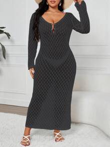 SHEIN Clasi Đầm len dài tay hở lưng cổ tròn màu trơn cỡ lớn - Màu xám đen - Xem 6