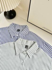 SHEIN Unity Áo Sơ Mi Tay Ngắn Cổ Tròn Phối Sọc Thời Trang Thường Ngày Cho Nữ - Màu xanh hải quân - Xem 8