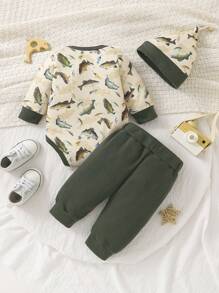 Baby Boy 3-delige set casual outfit - romper met lange mouwen, broek en hoed, met schattige onderwatervisprint, voor de herfst