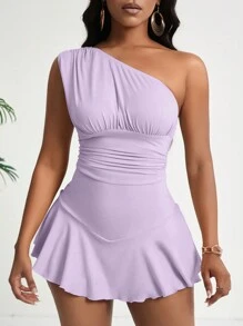 VaVaBold 1pc Women's Solid Asymmetrical Neckline Ruffle Hem Sleeveless Jumpsuit - Purple - View 6