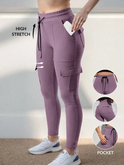 SHEIN EZwear Grey-Purple Knit Skinny Casual Sports Pants For Women Joggers For Women Leggings With Pockets Stretch Pants Cargo Sweatpants Women Purple Pants For Women