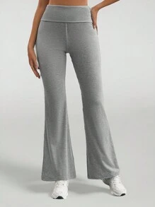 SHEIN Tall 女士纯色喇叭紧身裤 折叠紧身裤 弹力喇叭裤 瑜伽裤 Y2k 慢跑裤 - 灰色 - 查看 4