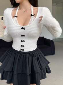 DAZY Ballet Style 2 In 1 With Bow Decor Fitted Women T-Shirt,Back To School Clothes Long Sleeve Women Tops