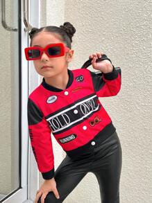 SHEIN Explorewe Chaqueta de béisbol de manga larga con cuello de canalé y estampado de letras elegante para niñas pequeñas - Rojo - Ver 1