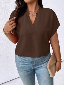 EMERY ROSE Plus Size Women's Solid Color V-Neck Batwing Short Sleeve Casual Loose Blouse
