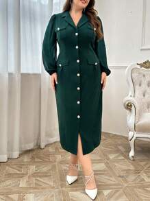 Modelyn Vestido casual plus size com botões na frente e cor sólida, primavera/outono, vestidos para uso casual diário/feriado/festa de casamento/noite - Verde escuro - Ver 5