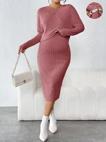 SHEIN 孕婦純色羅紋針織 T 恤和可調節腰部裙子套裝 - 藕粉色 - 查看 1