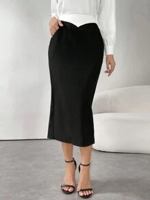 Modelyn Women's Black & White Patchwork Pleated Slimming Pencil Skirt - Black and White - View 1