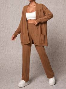 EURMUSE Drop Shoulder Cardigan & Knit Pants - Bronze - View 5