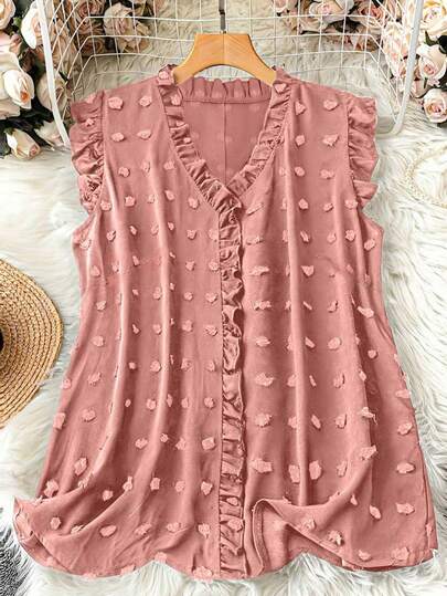 Blusa sem mangas Plus Size Casual para férias com padrão suíço e babado na bainha