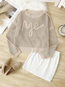 SHEIN Privé Plus Size Women Knitted Pullover Sweater, Fall Season, Apricot Color, Hollow Openwork Embroidered Design - Apricot - View 4