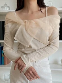 DAZY 女款網紗拼接蝴蝶結裝飾修身T恤，荷葉邊長袖露肩外出上衣 - 杏色 - 查看 8