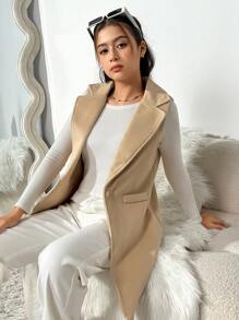 Teen Girls Mid-Length Vest Coat For Winter - Khaki - View 1