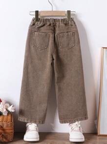 SHEIN Young Girl Retro All-Match Casual Loose Comfortable Flare Leg Coffee Brown Denim Jeans Summer Holiday - Coffee Brown - View 2