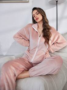 Lazeform 女士两件套拉链前袋长袖上衣和裤子抓绒家居服套装，秋冬舒适保暖 - 淺粉色 - 查看 1