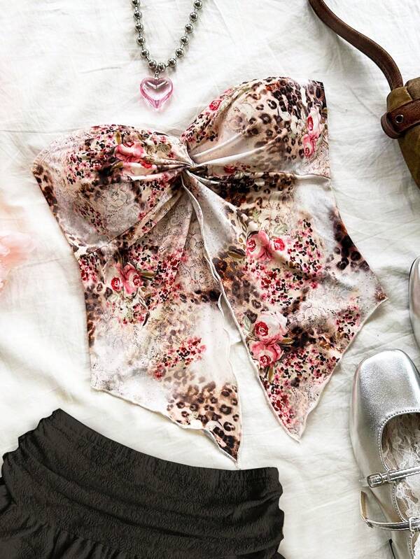 Soleia Topuri cu tuburi din mătase de gheață, ocazional de vară, colorat, cu imprimeu floral leopard, tăiat în față, pentru vacanță, haine de toamnă pentru femei, pot fi purtate în interior sau în exterior, costum de Halloween, top cu tiv asimetric