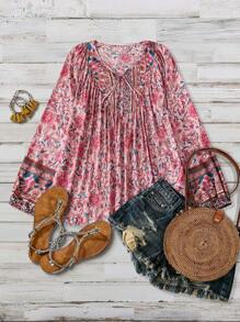 Plus Size Women Floral Print Tie Front Loose Long Sleeve Casual Blouse