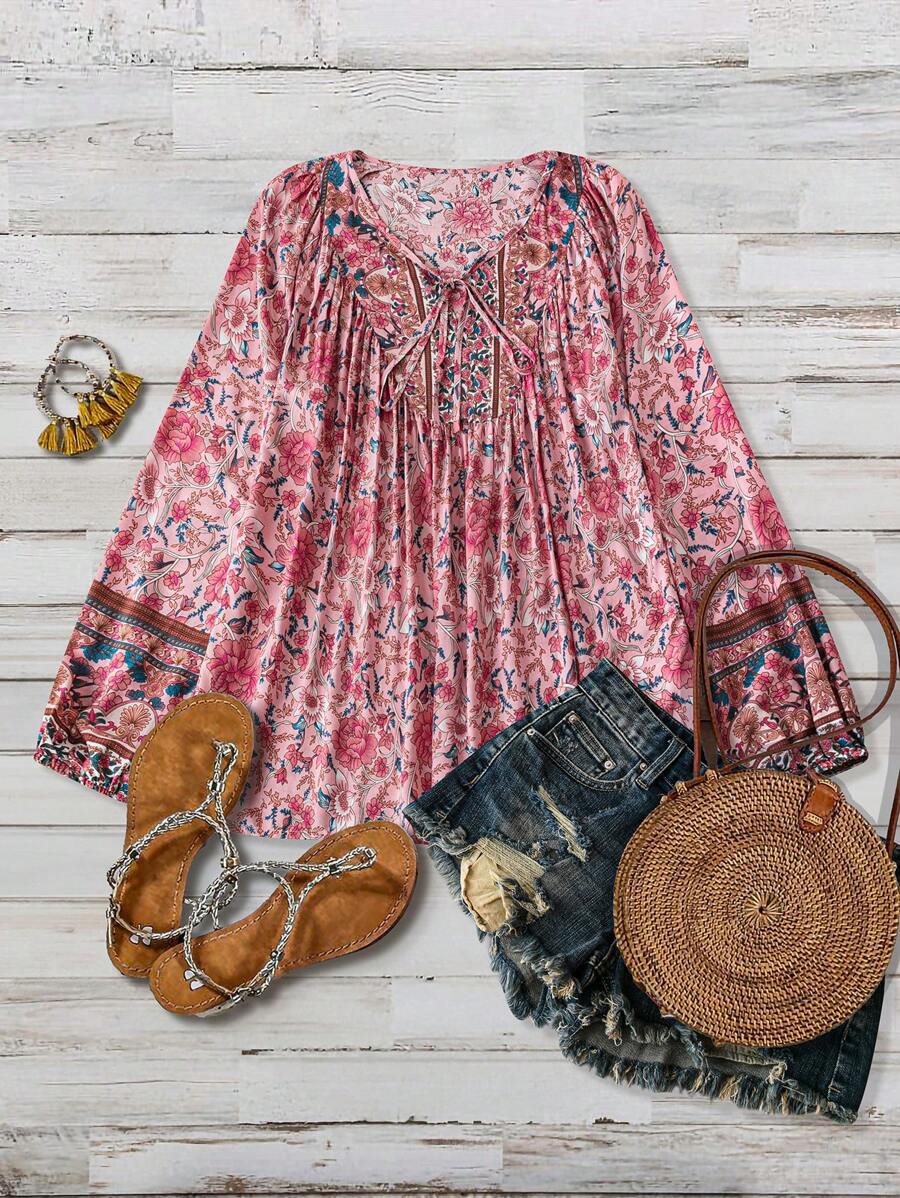 Plus Size Women Floral Print Tie Front Loose Long Sleeve Casual Blouse