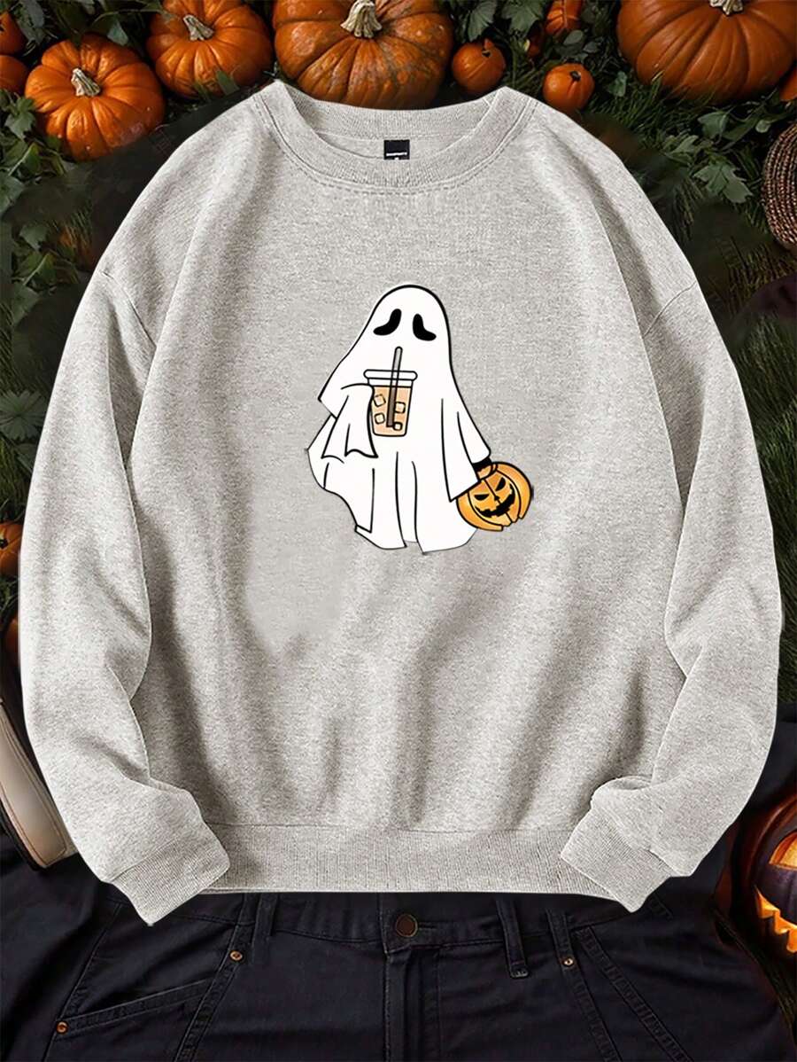 Manfinity Hypemode Men's Ghost Print Relaxed Fit Fleece Sweatshirt For Halloween - Light Grey - View 1