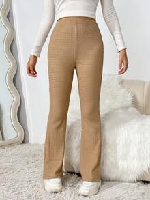Teen Girl Brown Striated Textured Flare Pants, Spring Autumn - Brown - View 2