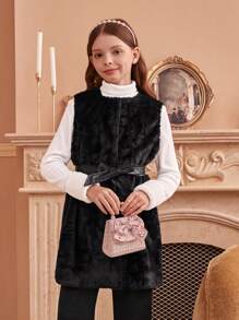 Tween Girls Sleeveless Fluffy Jacket With Belt, Warm And Elegant Autumn Winter - Black - View 4