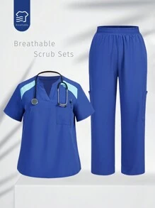 TaskEZ Plus Size Women's Contrast Color V-Neck Short Sleeve Top With Pockets And Pants Uniform, Plus Size Uniforms & Scrubs - Navy Blue - View 1