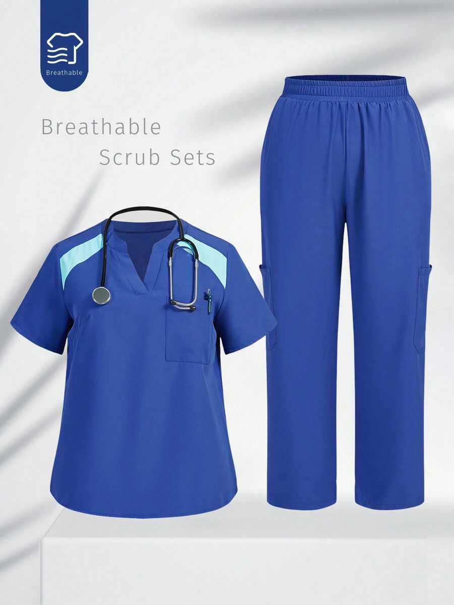 TaskEZ Plus Size Women's Contrast Color V-Neck Short Sleeve Top With Pockets And Pants Uniform, Plus Size Uniforms & Scrubs - Navy Blue - View 1