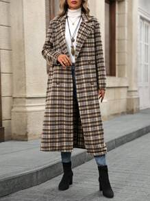 EMERY ROSE Abrigo de mezcla de punto casual largo con cuello de solapa, de manga larga a cuadros, para otoño e invierno, para mujer