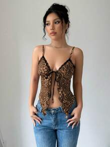 SHEIN Unity 女士蕾丝撞色细肩带前系带荷叶边休闲衬衫、度假装