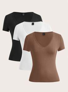 SHEIN Frenchy Solid Color V-Neck T-Shirt Summer Tops Vacation Clothes - Brown - View 1