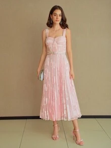 MOTF STUDIO JACQUARD BUSTIER BUST PLEATED DRESS WITH BELT, NEW YEAR OUTFIT - Pink - View 6