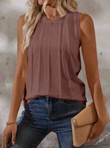 EMERY ROSE Women's Solid Color Round Neck Toothpick Design Casual Tank Top, Summer - Dusty Pink - View 5