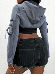 SHEIN Slayr Women's Spring&Autumn Utility Pockets Short Hooded Denim Jacket - Grey - View 2