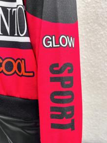 SHEIN Explorewe Chaqueta de béisbol de manga larga con cuello de canalé y estampado de letras elegante para niñas pequeñas - Rojo - Ver 6