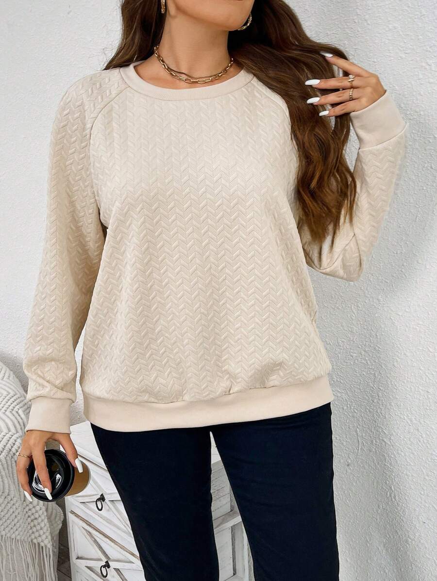 SHEIN Essnce Áo nỉ dài tay cổ tròn màu trơn cỡ lớn dành cho nữ - Màu be - Xem 1