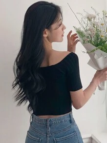 DAZY 女式方领短款修身短袖 T 恤，秋季 - 黑色 - 查看 2