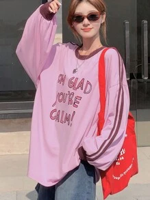 DAZY 女士撞色圆领印花长袖 T 恤 - 粉色 - 查看 1