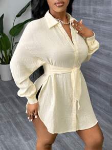 SHEIN SXY Sexy Women Outfits Elegant Leisure Fall Clothes Solid Color Front Button Asymmetric Hem Tie Casual Long Sleeve Blouse - White - View 4