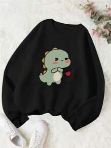 SHEIN Tween Girls' Dinosaur Printed Round Neck Sweatshirt, Autumn/Winter - Black - View 1