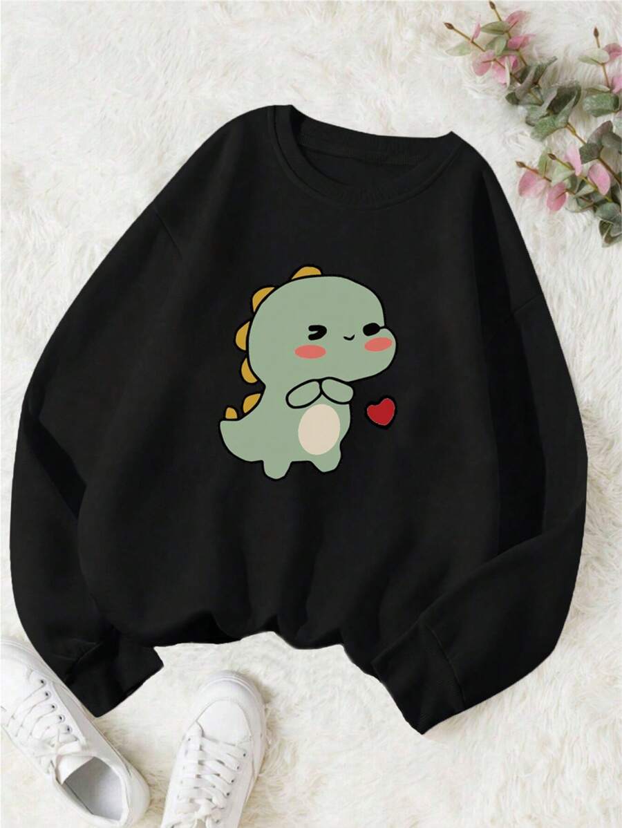 SHEIN Tween Girls' Dinosaur Printed Round Neck Sweatshirt, Autumn/Winter - Black - View 1