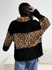 SHEIN EZwear Sudadera holgada con media cremallera reversible de polar con cuello alto, estampado de leopardo de bloques de color, para otoño/invierno