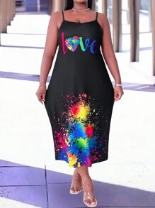 LONESS Plus Size Summer Dress With Letter Print, Ink Splash Design And Spaghetti Straps
