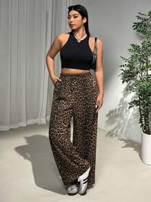 SHEIN EZwear Plus Size Women Fashionable Leopard Printed Wide Leg Pants - Multicolor - View 3