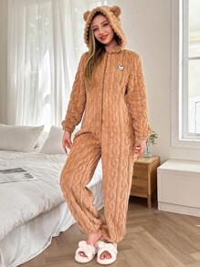 Dream Adore Bear Embroidered Animal Ear Decor Plush Jumpsuit Pajamas, For Fall Winter