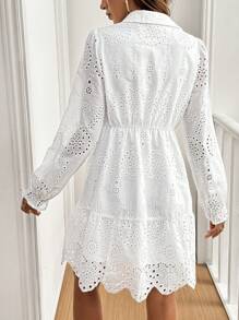 SHEIN Frenchy Women's Solid Color Laser Cut Embroidered Ruffle Hem Dress, Spring/Summer Winter New Year White - White - View 2