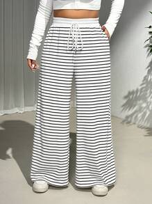 SHEIN EZwear Plus Size Women Striped String Waist Long Pants